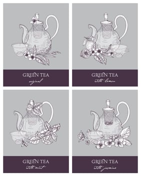 Bundle of gorgeous outline drawings of teapot, cup, green tea leaves, flowers, lemon, mint and jasmine. Set of delicious naturally flavored beverages. illustration in retro etching style. vector