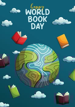 world book day poster illustration with flying book vector