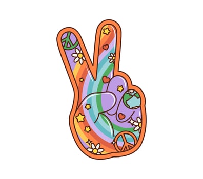 Cartoon retro groovy victory sign, peace gesture vector