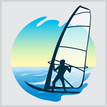 a man is sailing a boat with a picture of a man on it. vector