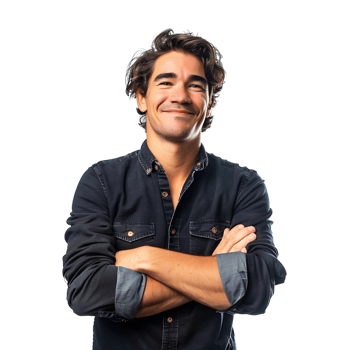 Satisfied young man with crossed arms gesture on isolated transparent background png