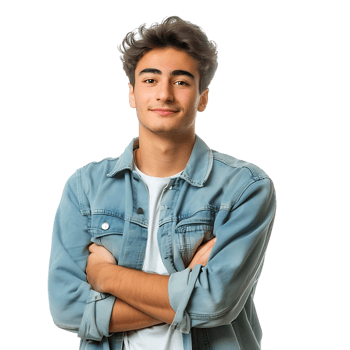 Satisfied young man with crossed arms gesture on isolated transparent background png