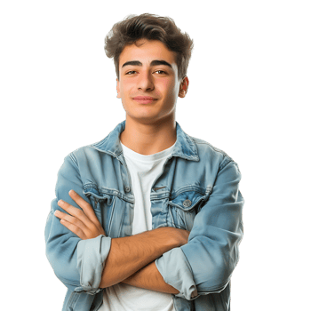 Satisfied young man with crossed arms gesture on isolated transparent background png