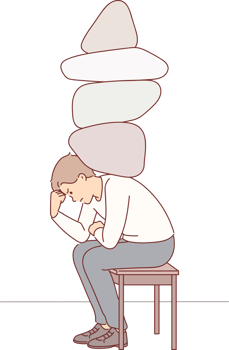 Depressed man with stones on back experiencing stress and discomfort due to heavy workload. Depressed guy feels stressed due to problems caused by unemployment and financial crisis png