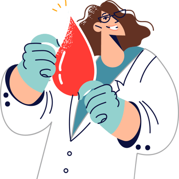 Woman doctor calls to become donor and holds large drop of blood, working in laboratory analyzing DNA. Sample of human blood in hands of girl geneticist trying to identify cancer at early stage png