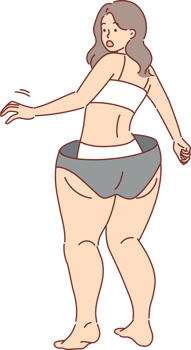 Slender girl gets scared, imagining excess weight gain and cellulite on legs and hips, screams in fear. Problem of excess weight worries thin woman, due to self-doubt or psychological problems png