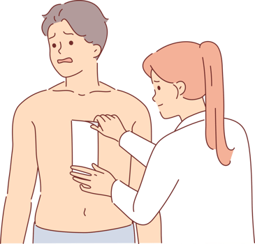 Depilation of hair on chest of man, experiencing pain from tearing wax tape, stands next to woman cosmetologist. Depilation causes fear and suffering in guy wants to become handsome png