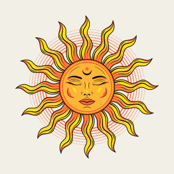 Sun with face, closed eyes. Illustration in vintage style on white background. Mythological fairytale character, alchemy and astrology symbol. Solar sign. vector