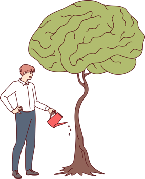 Businessman develops own intelligence by watering trees with brain shaped leaves as metaphor for receiving business education. Guy entrepreneur cares about gaining new knowledge and developing brain png