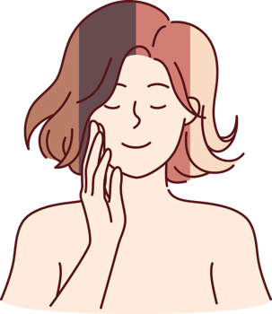 Woman with multi-colored hairstyle is considering changing image and choosing new hair dye. Young girl with happy face and bare shoulders wants to change hair color to become more beautiful. png