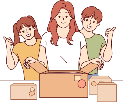 Mother and children prepare donation boxes, wanting to be useful to society and volunteer. Happy family calls for donation to charitable foundations that need help from caring people png