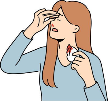 Woman nosebleed is caused by high blood pressure or magnetic storms that affect health. Girl with handkerchief and nosebleed became victim of domestic violence and beating from husband png