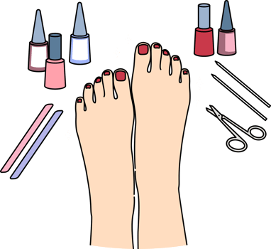 Woman feet after pedicure procedure, with nail polish and scissors or files near well-groomed painted nails. Pedicure services for ladies, making toes more attractive, for wearing open shoes png