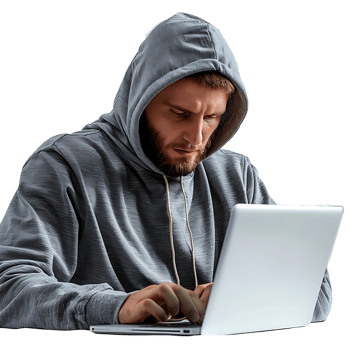 Hacker or a man in hoodie using laptop on isolated transparent background png