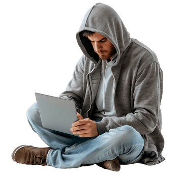 Hacker or a man in hoodie using laptop on isolated transparent background png