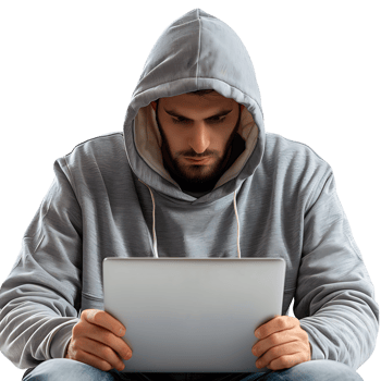 Hacker or a man in hoodie using laptop on isolated transparent background png