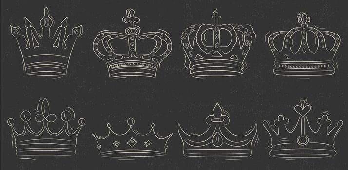 Set of royal crowns in hand drawn style, Set of crowns in white lines on gray background with grunge texture vector
