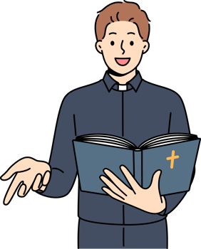 Man priest reads bible and gestures calling on people to accept christian or catholic religion. Positive guy in priest clothes studying sermons and holy scriptures from gospel for work in church png