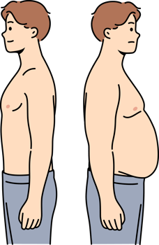 Thin and fat men stand side by side demonstrating changes in figures after eating fast food or working sedentary jobs. Fat guy has problems with excess weight caused by hormonal imbalance in body png
