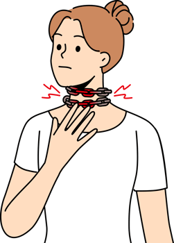 Suffocation in girl with chain around neck, in need of treatment for illness caused by malfunction of heart or lungs. Woman suffers from suffocation squeezing throat and blocking access of oxygen png