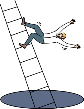 Loser man falls from career ladder into abyss, risking injury due to careless actions. Accident with guy who fell down career ladder after start of labor market crisis and wave of layoffs png