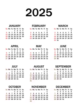 Calendar 2025 in a Minimalist Style. The Week Starts on Sunday. Annual Calendar 2025 Template. Business Calendar. vector
