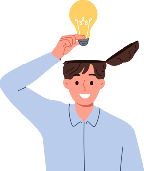 Man learns about innovative idea puts light bulb inside head to improve own creative thinking. Brilliant idea from business guy came up with new invention during brainstorming session png