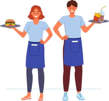 Waiters from fast food restaurant work together to deliver customers order, holding burgers and fries on trays. Man and woman working as waiters in cafe, enjoying jobs in hospitality industry png