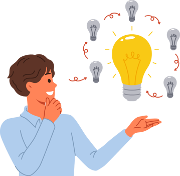 Man comes up with innovative idea, allows to get investments on crowdfunding platform, standing near light bulbs. Concept development and evolution of ideas to obtain ideal option. png