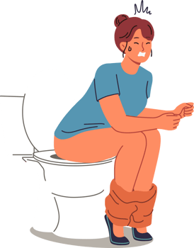 Woman poops sitting on toilet and suffers from constipation caused by indigestion or stomach problems. Girl pushing on toilet in WC, needing medicinal laxatives to normalize health png