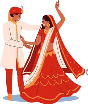 Indian couple dances wedding dance in national clothes, performing traditional rite of hindi culture. Wedding ceremony of indian bride and groom rejoicing in creation of new family png
