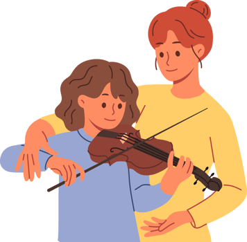 Learning to play violin for teenage girl, from professional teacher who helps to hold bow correctly. Caring mother teaches daughter to perform music on violin, practicing before concert with audience png