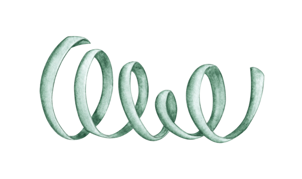 Watercolor illustration of festive twisted green ribbon, confetti, fireworks, birthday. Isolated from the background. For designing invitations, cards, banners, flyers, advertising png