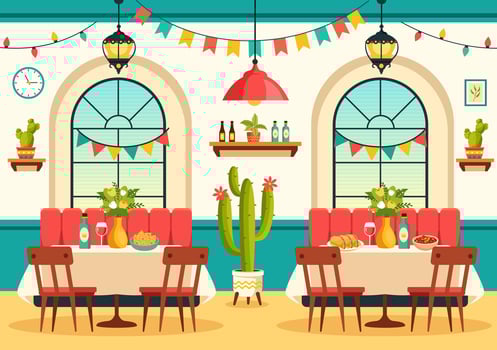 Mexican Food Restaurant Illustration with Various of Delicious Traditional Cuisine Tacos, Nachos and Other on Flat Cartoon Background vector