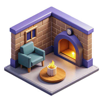 3d isometric interior design of fireplace room png