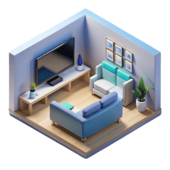 3d isometric interior design of cinema room png