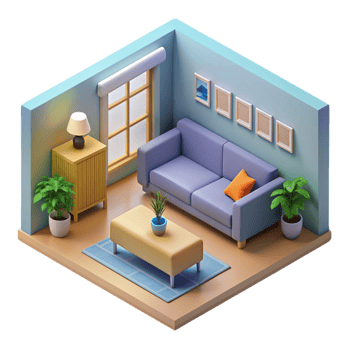 3d isometric interior design of living room png