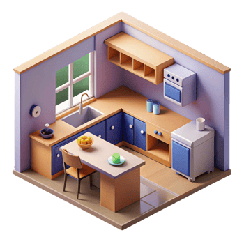 3d isometric interior design of kitchen png