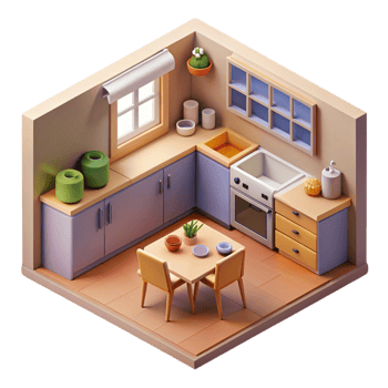 3d isometric interior design of kitchen png