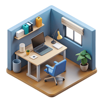 3d isometric interior design of work place or study room png