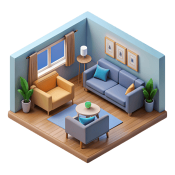 3d isometric interior design of living room png