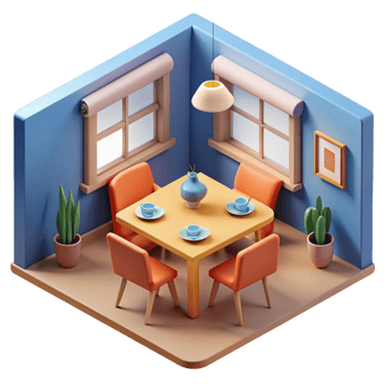 3d isometric interior design of dining room png