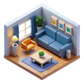 3d isometric interior design of living room png