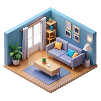 3d isometric interior design of living room png