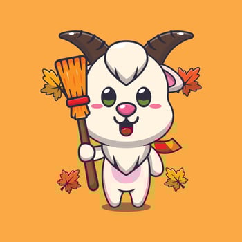 Cute autumn goat holding broom cartoon illustration. vector