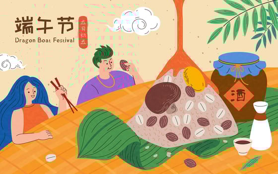Hand drawn texture dragon Boat festival poster. Illustrated girl and boy eating at table with zongzi and realgar wine. Text, Duanwu Holiday. May 5th. Wine. vector