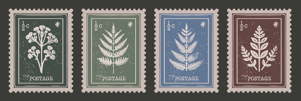 Retro Floral Postage Stamp Collection. Set of Vintage Scrapbooking Post Mail Elements vector