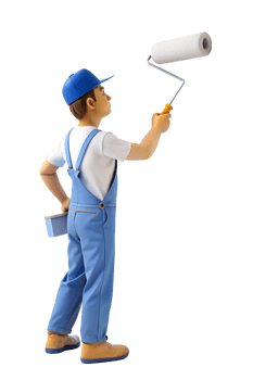 A man in overalls stands on a ladder and paints a wall with a roller isolated on transparent background. png
