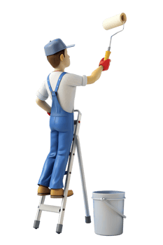 A man in overalls stands on a ladder and paints a wall with a roller isolated on transparent background. png