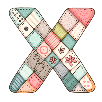 A colorful patchwork letter X made out of fabric png